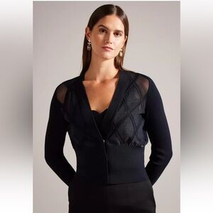 *SOLD* Ted Baker Long Sleeve Argyle Mesh Insert Cardigan, Midnight, Size 1 (US4)